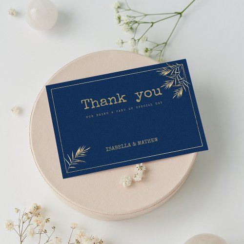 Navy blue gold leaf typewriter font Thank You  Invitation