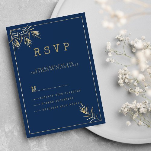 Navy blue gold leaf typewriter font theme RSVP Invitation