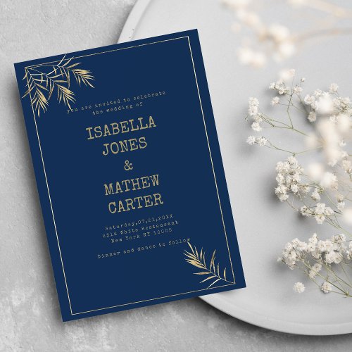 Navy blue gold leaf typewriter font theme wedding invitation