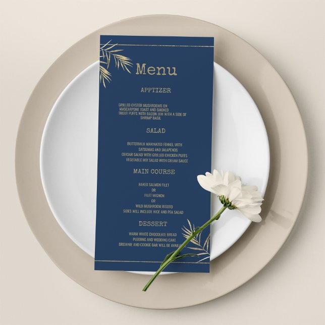 Navy blue gold leaf typewriter font Wedding Menu (Navy blue gold leaf typewriter font Wedding Menu)