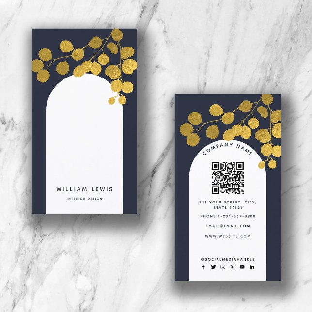 Navy Blue Gold Leaves Modern Arch QR Code  Business Card (Creator Uploaded)
