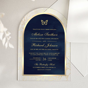 Navy Blue Gold Line Art Arch Butterfly Wedding Acrylic Invitations