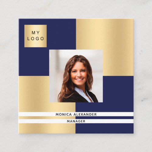 Navy blue gold logo photo QR code Square Business Card
