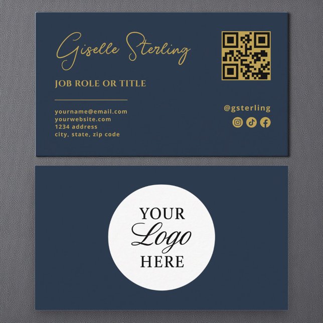 Navy Blue Gold Logo QR Code Professional Company  Business Card (Creator Uploaded)