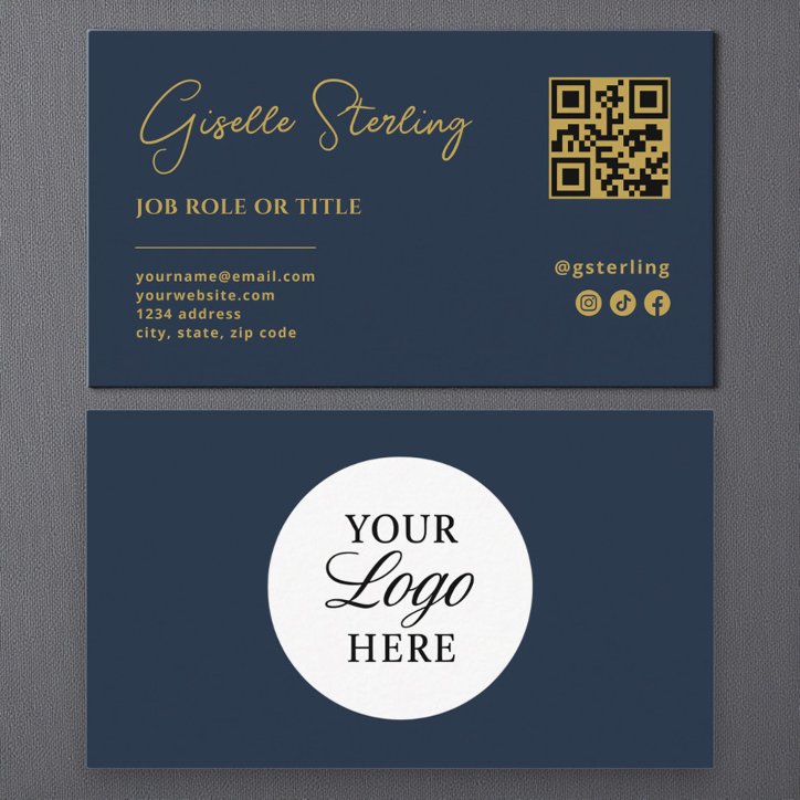 Navy Blue Gold Logo QR Code Professional Company Business Card