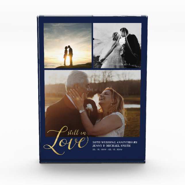 Navy blue & Gold Love Anniversary Gift Photo Block (Front)