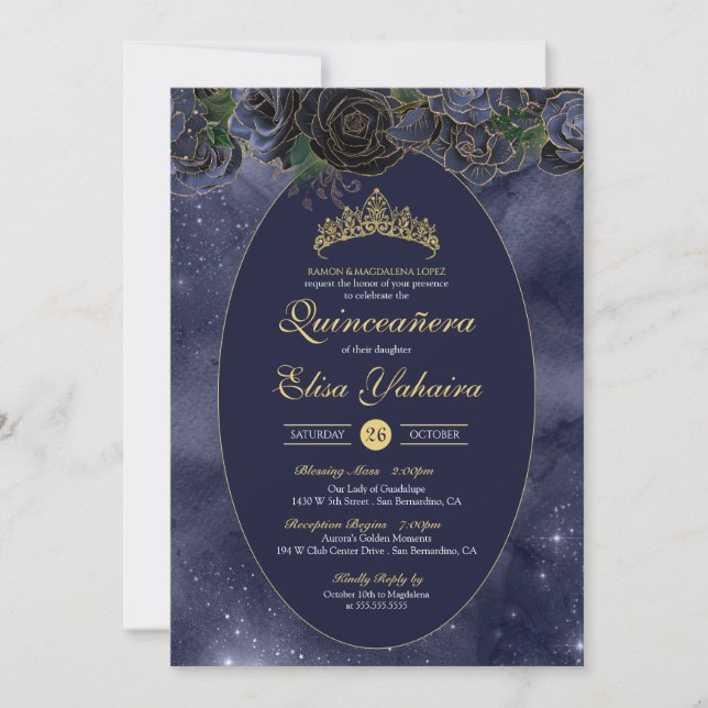 Navy Blue Gold Luxury Elegant Quinceanera Invitation (Front)