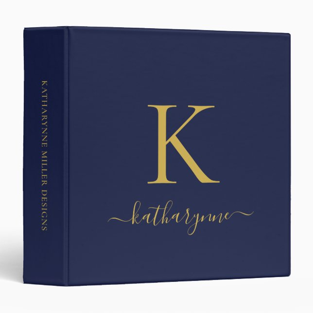 Navy Blue Gold Luxury Monogram 3 Ring Binder (Front/Spine)