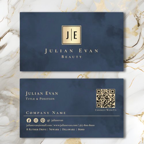 Navy Blue Gold Luxury Monogram Business Card