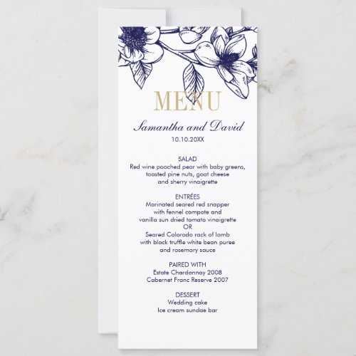 Navy Blue Gold Magnolia Flowers Wedding Dinner Invitation
