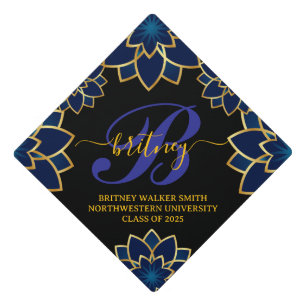 Navy Blue Gold Mandala Monogram Agate Graduation Cap Topper