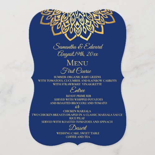 Navy Blue Gold Mandala Monogram Wedding Menu