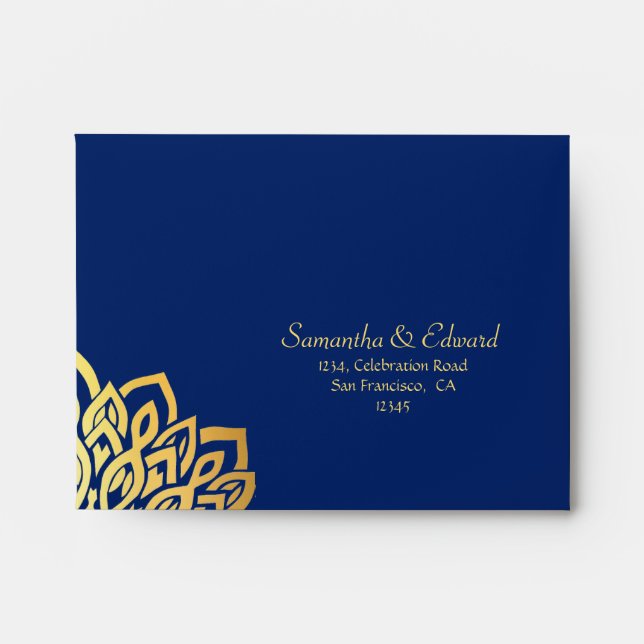 Navy Blue Gold Mandala Wedding RSVP Envelope (Front)