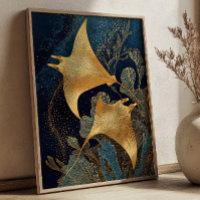 Navy Blue& Gold Manta Rays Elegant Kintsugi Art