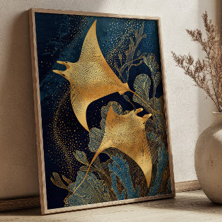 Navy Blue& Gold Manta Rays Elegant Kintsugi Art Poster