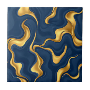 Navy Blue Gold Marble Abstract Luxury Swirl Ceramic Tile