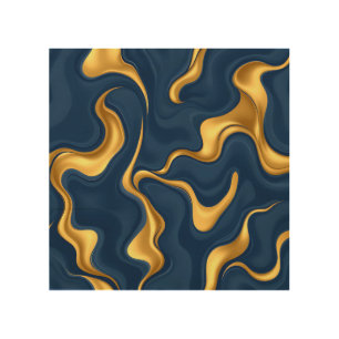 Navy Blue Gold Marble Abstract Luxury Swirl Wood Wall Art