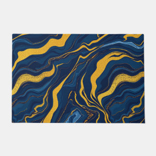 Navy Blue Gold Marble Abstract Luxury Topographic Doormat