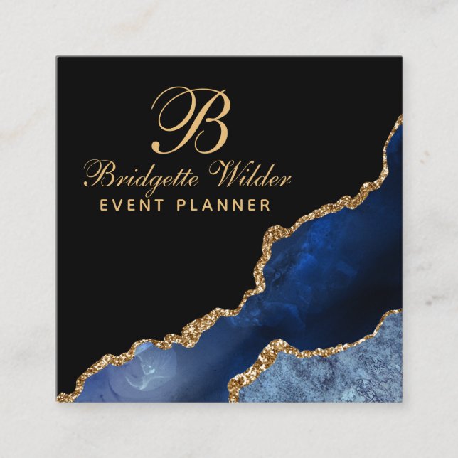 Navy Blue Gold Marble Agate Event Planner Square Business Card (Front)