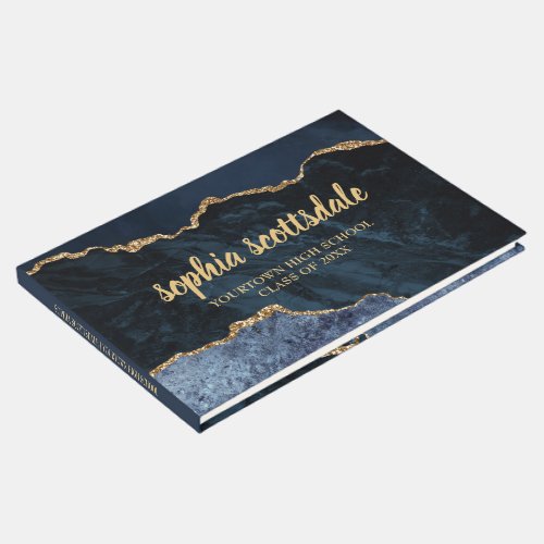 Navy Blue Gold Marble Agate Graduation Party Guest Book