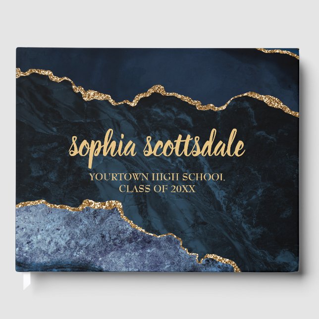 Navy Blue Gold Marble Agate Graduation Party Guest Book (Front)