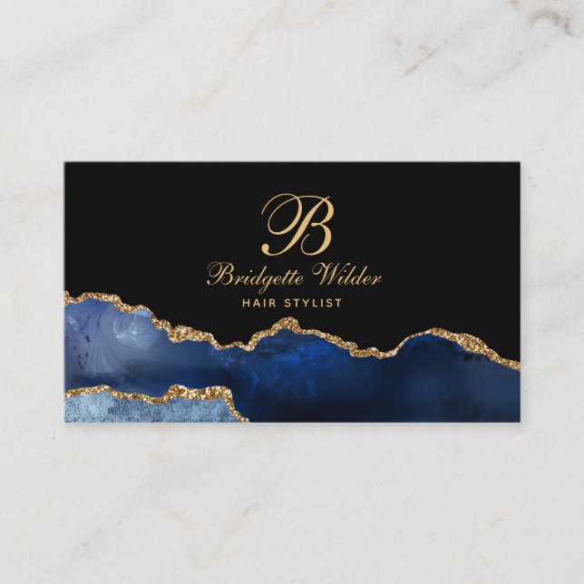 Navy Blue Gold Marble Agate Hair Stylist Business  Business Card (Front)