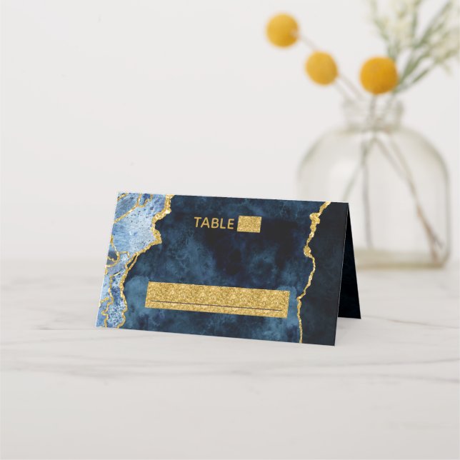Navy Blue Gold Marble Agate Seating Table Number Place Card (Front)
