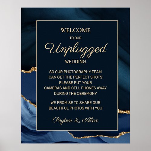 Navy Blue Gold Marble Agate Unplugged Wedding Poster