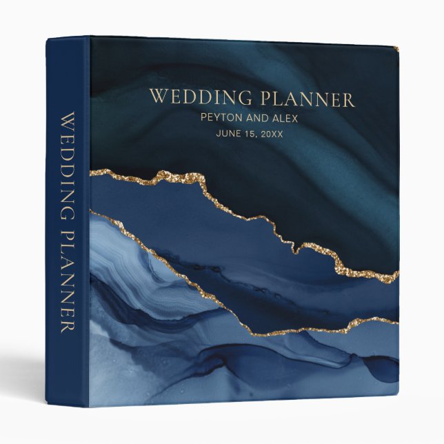 Navy Blue Gold Marble Agate Wedding Planner 3 Ring Binder (Front/Spine)