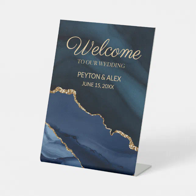 Navy Blue Gold Marble Agate Wedding Welcome Pedestal Sign | Zazzle