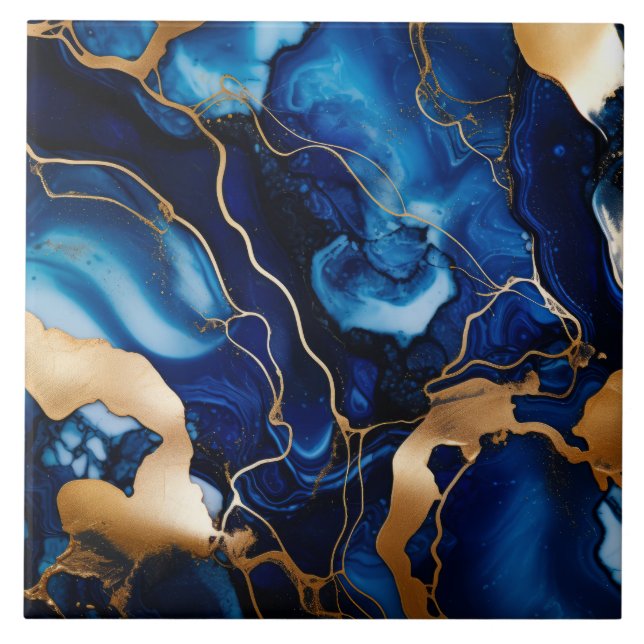 Navy Blue Gold Marble Alcohol Ink Abstract Ceramic Tile (Front)