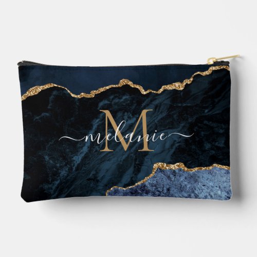 Navy Blue Gold Marble Custom Letter and Name Accessory Pouch