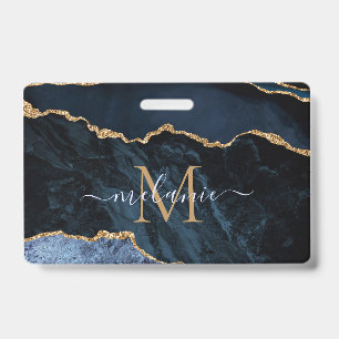 Navy Blue Gold Marble Custom Letter Name Badges