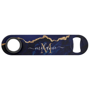 Navy Blue Gold Marble Custom Letter Name Bar Key