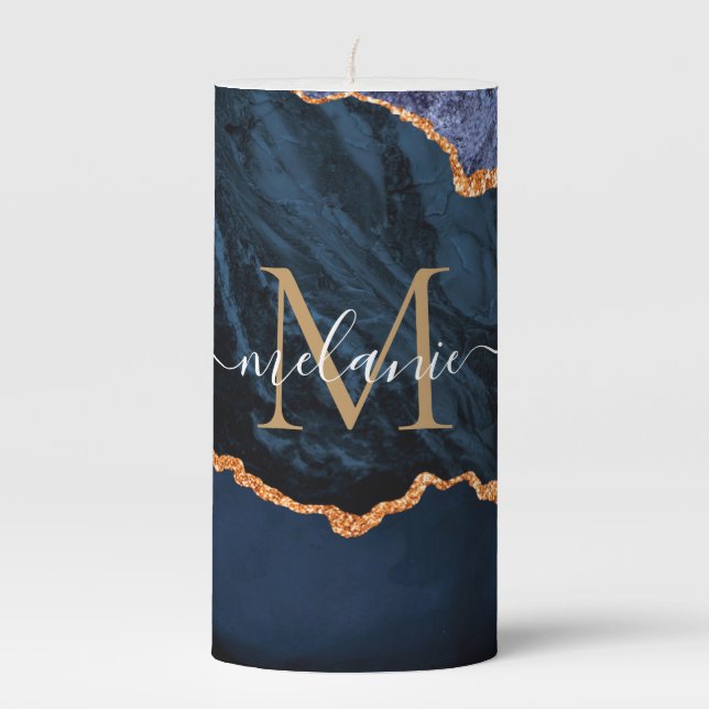 Navy Blue Gold Marble Custom Letter Name Candle (Front)