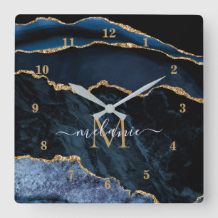 Navy Blue Gold Marble Custom Letter Name Clock