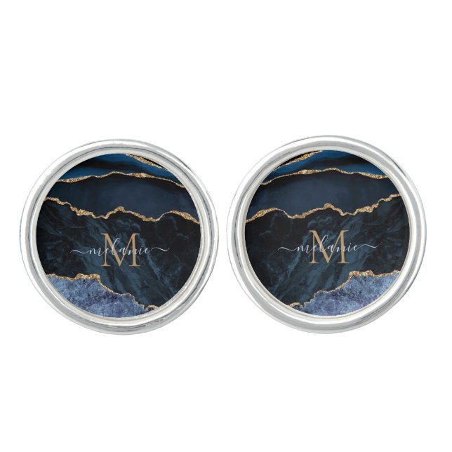 Navy Blue Gold Marble Custom Letter Name Cufflinks (Front)