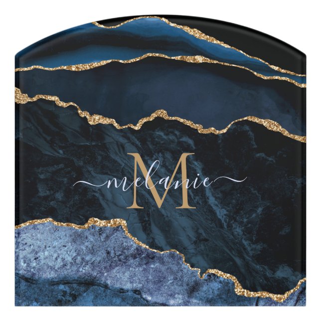 Navy Blue Gold Marble Custom Letter Name Door Sign (Contour Front)