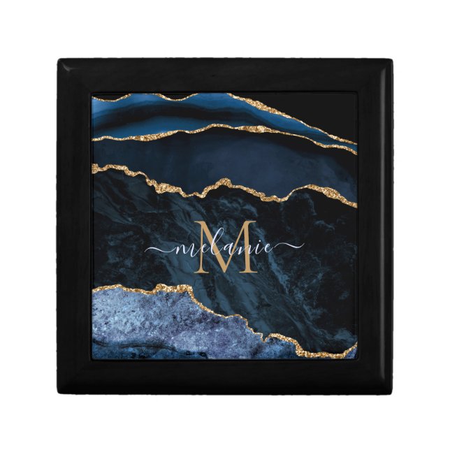 Navy Blue Gold Marble Custom Letter Name Gift Box (Front)