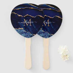 Navy Blue Gold Marble Custom Letter Name Hand Fan