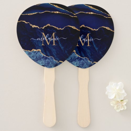 Navy Blue Gold Marble Custom Letter Name Hand Fan