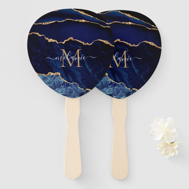 Navy Blue Gold Marble Custom Letter Name Hand Fan (Front and Back)
