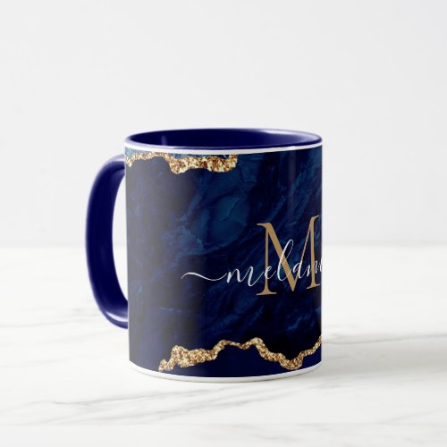 Navy Blue Gold Marble Custom Letter Name Mug
