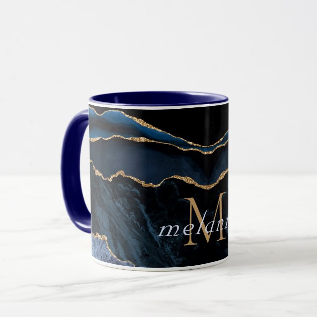Navy Blue Gold marble Custom Letter Name Mug Gift (Front Left)