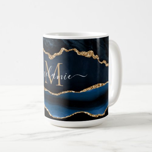 Navy Blue Gold Marble Custom Letter Name Mug Gift