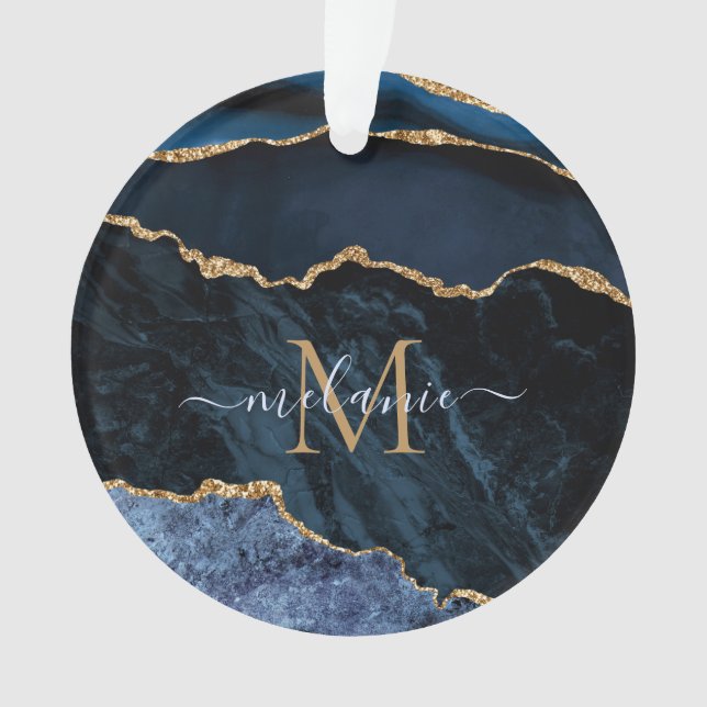 Navy Blue Gold Marble Custom Letter Name Ornament (Front)