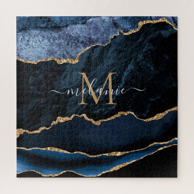 Navy Blue Gold Marble Custom Letter Name Puzzle (Vertical)