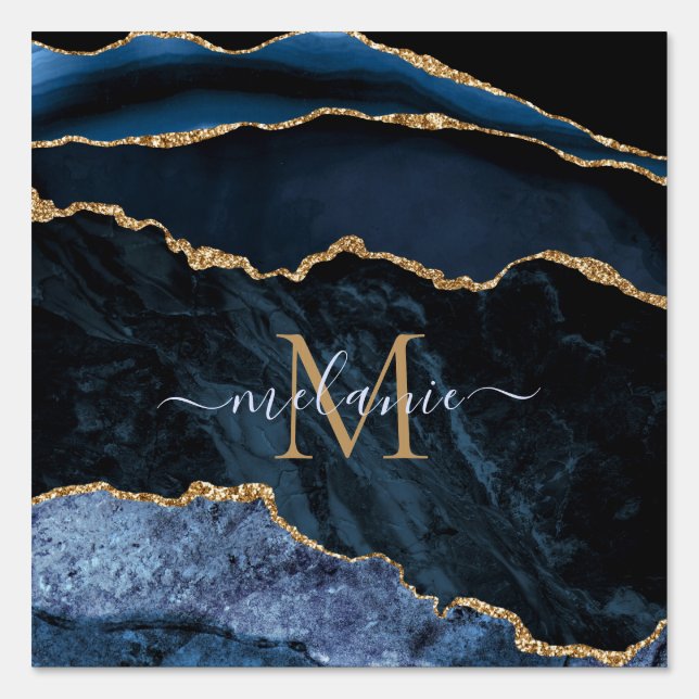 Navy Blue Gold Marble Custom Letter Name Sign Gift (Front)
