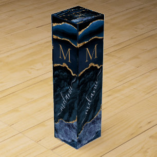 Navy Blue Gold Marble Custom Letter Name Wine Box