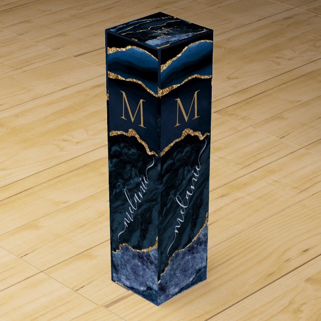 Navy Blue Gold Marble Custom Letter Name Wine Box (Front)